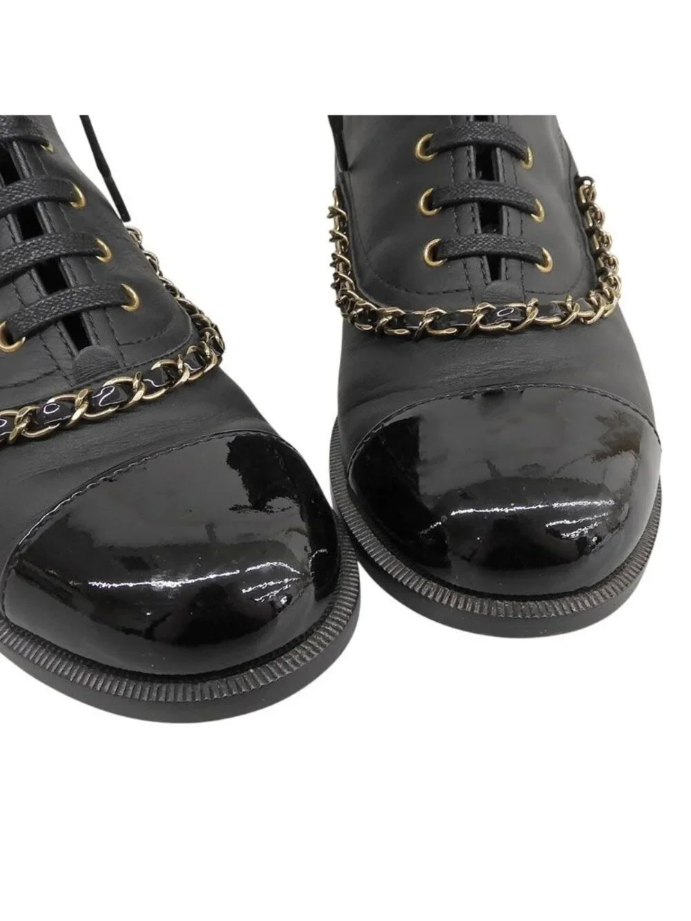 Chanel CC Logo Leather Short Boots Chain Double Zip Lace Up 37 Black